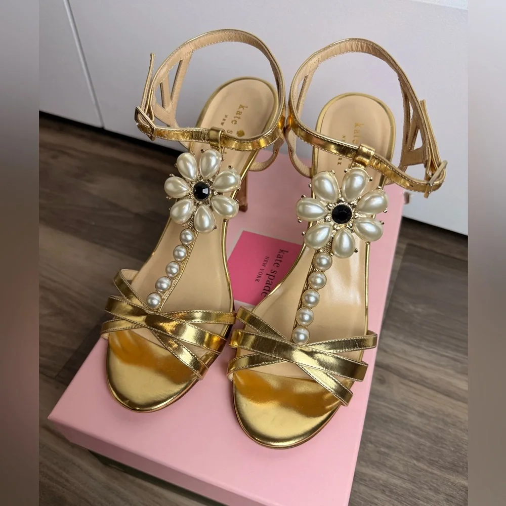 RARE Kate Spade Made In Italy Gold Pearl‎ Floral Heels 8.5B Stiletto